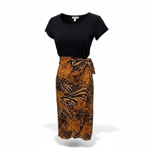 Vintage Black Knit Bodice Dress w/ Leopard Floral Sarong Skirt — Small